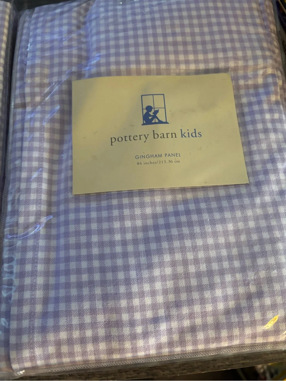 Two Pottery Barn Kids Purple Gingham Curtain Panels Including 2 Matching Holders
